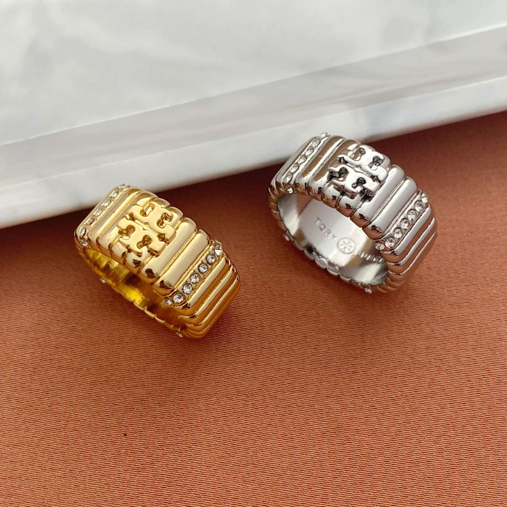 Tory Burch Letter Rhinestone Geometric Circle Ring Metal Band